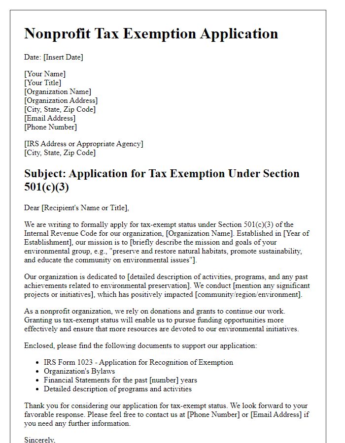 Letter template of nonprofit tax exemption application for environmental groups