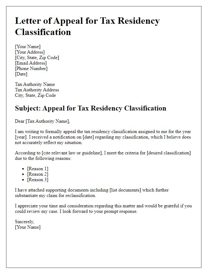 Letter template of appeal for tax residency classification