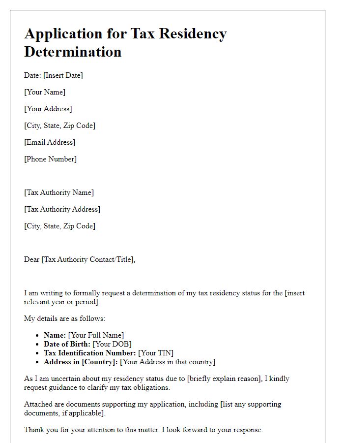 Letter template of application for tax residency determination