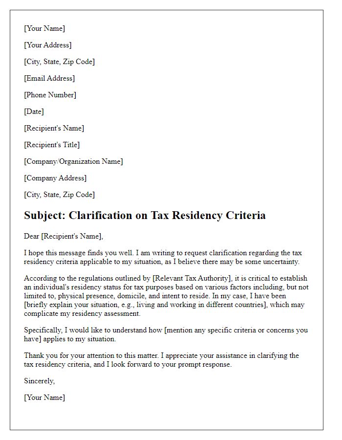 Letter template of clarification on tax residency criteria