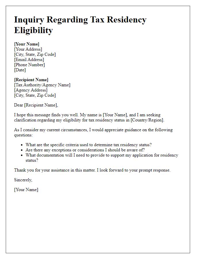 Letter template of inquiry regarding tax residency eligibility