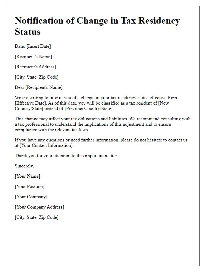 Letter template of notification for change in tax residency status