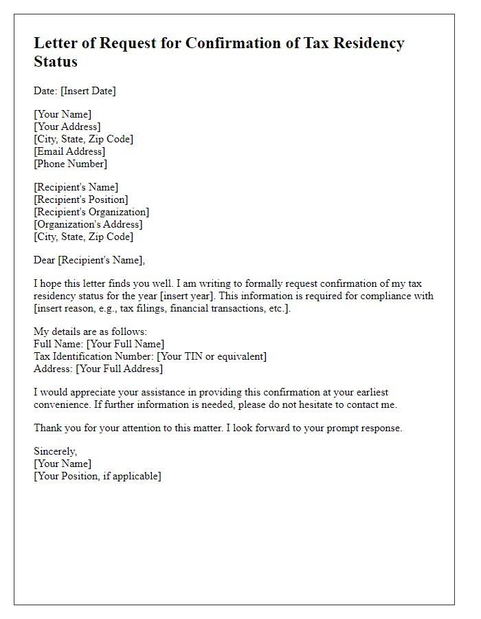 Letter template of request for confirmation of tax residency status