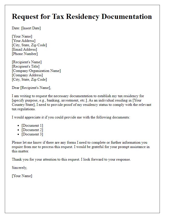 Letter template of request for tax residency documentation