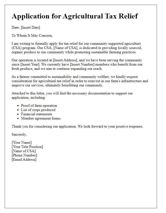 Letter template of agricultural tax relief application for community-supported agriculture