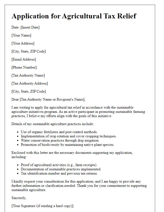 Letter template of agricultural tax relief application for sustainable agriculture initiatives