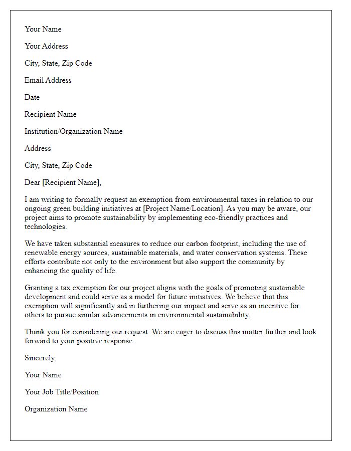 Letter template of appeal for environmental tax exemption for green building initiatives.