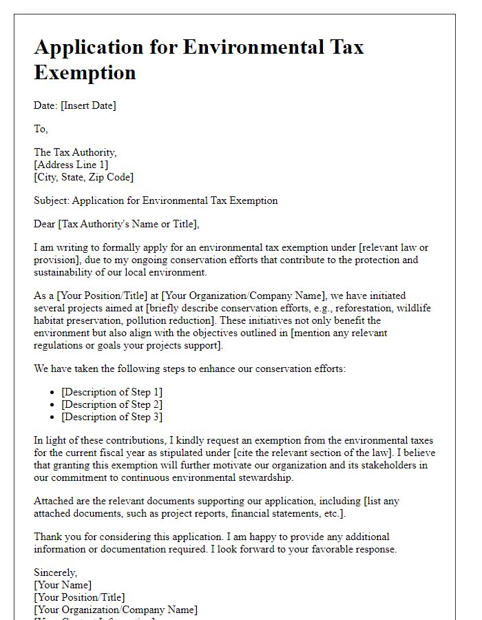 Letter template of application for environmental tax exemption related to conservation efforts.