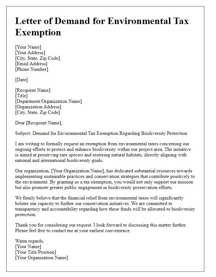 Letter template of demand for environmental tax exemption concerning biodiversity protection.
