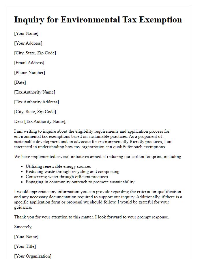 Letter template of inquiry for environmental tax exemption based on sustainable practices.