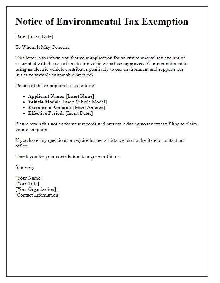 Letter template of notice for environmental tax exemption associated with electric vehicle usage.