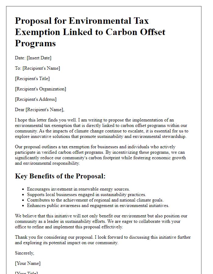 Letter template of proposal for environmental tax exemption linked to carbon offset programs.