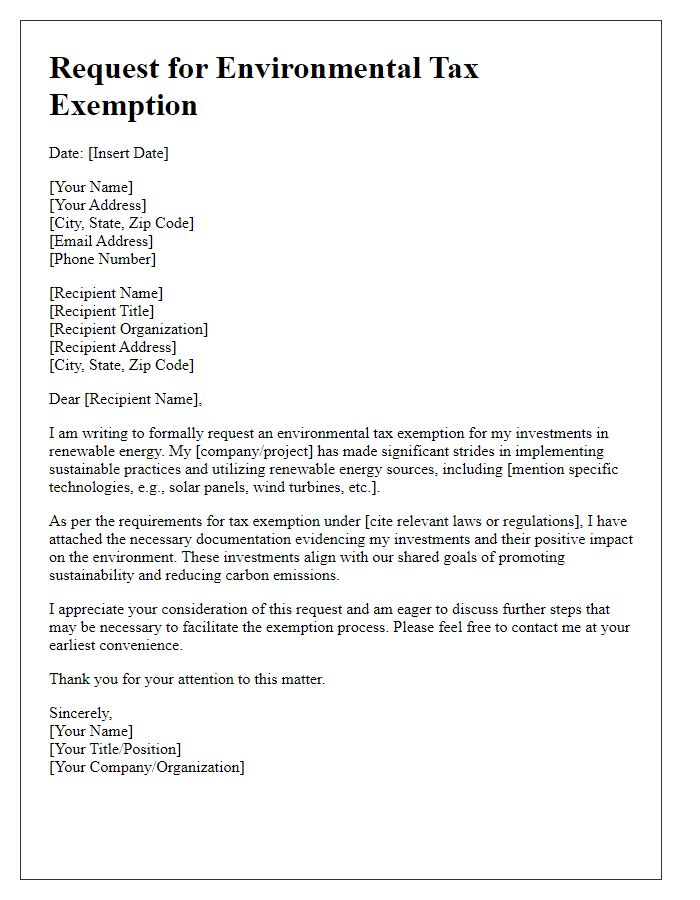 Letter template of request for environmental tax exemption due to renewable energy investments.