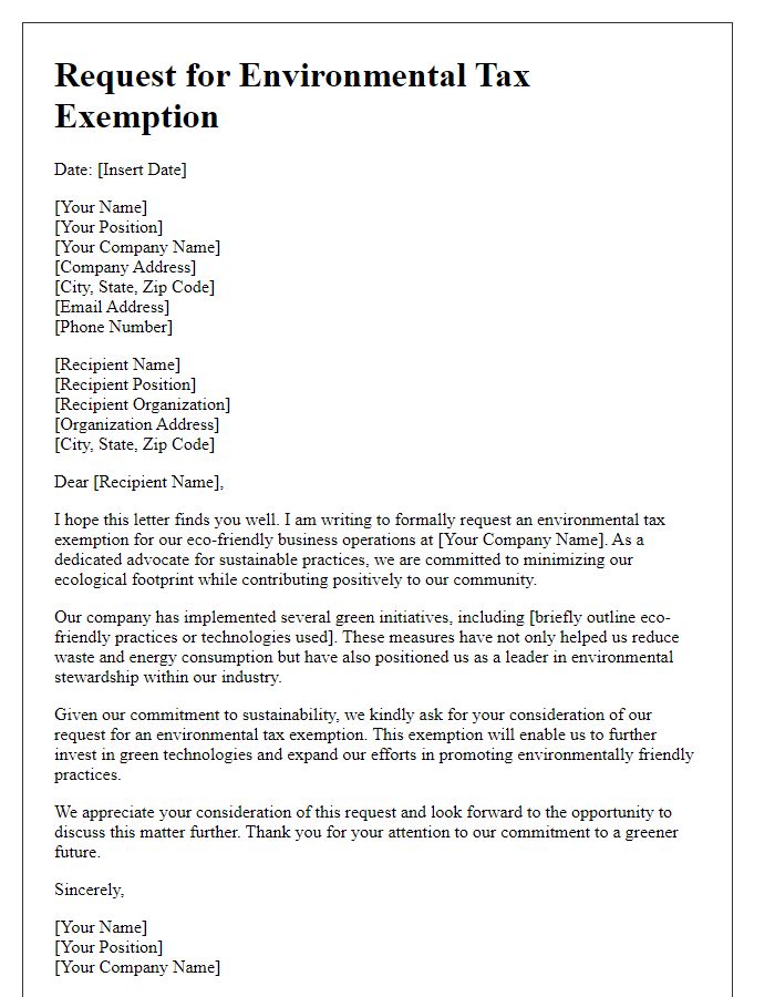Letter template of solicitation for environmental tax exemption for eco-friendly business operations.