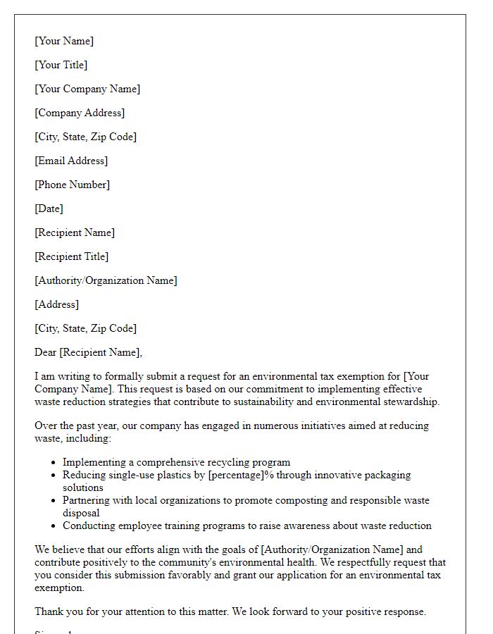 Letter template of submission for environmental tax exemption involving waste reduction strategies.