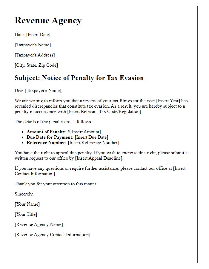 Letter template of revenue agency tax evasion penalty