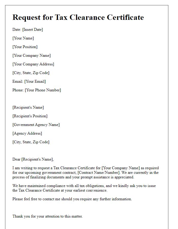 Letter template of request for tax clearance certificate for government contract