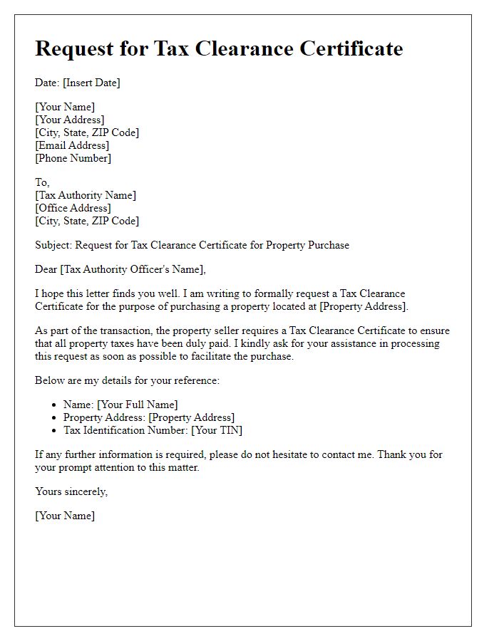 Letter template of request for tax clearance certificate for property purchase