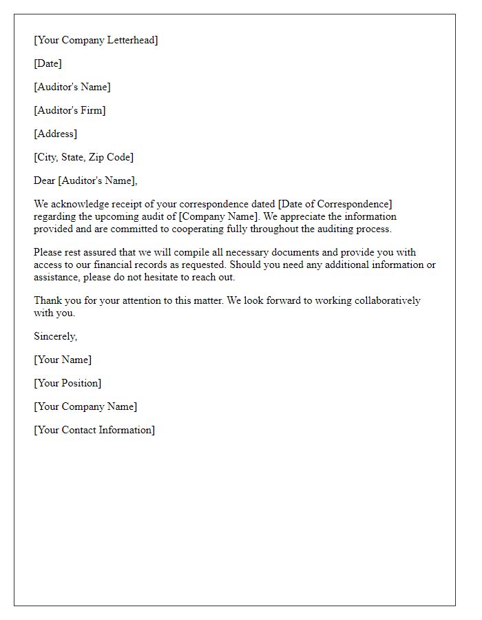 Letter template of acknowledgment for audit correspondence