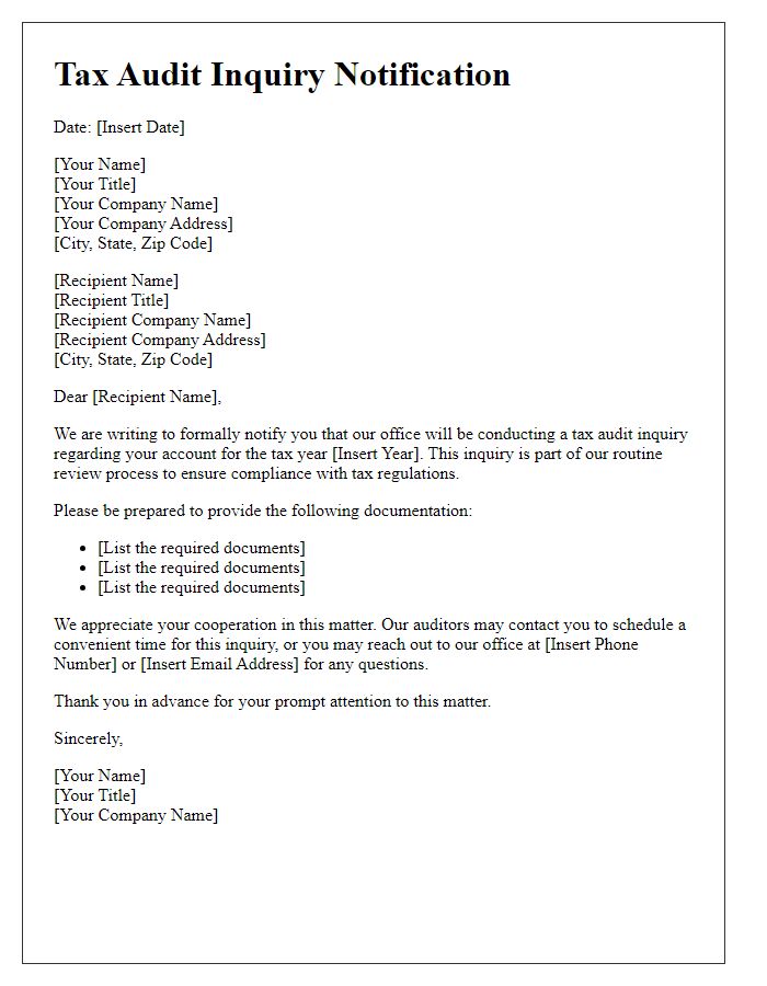 Letter template of notification for tax audit inquiry