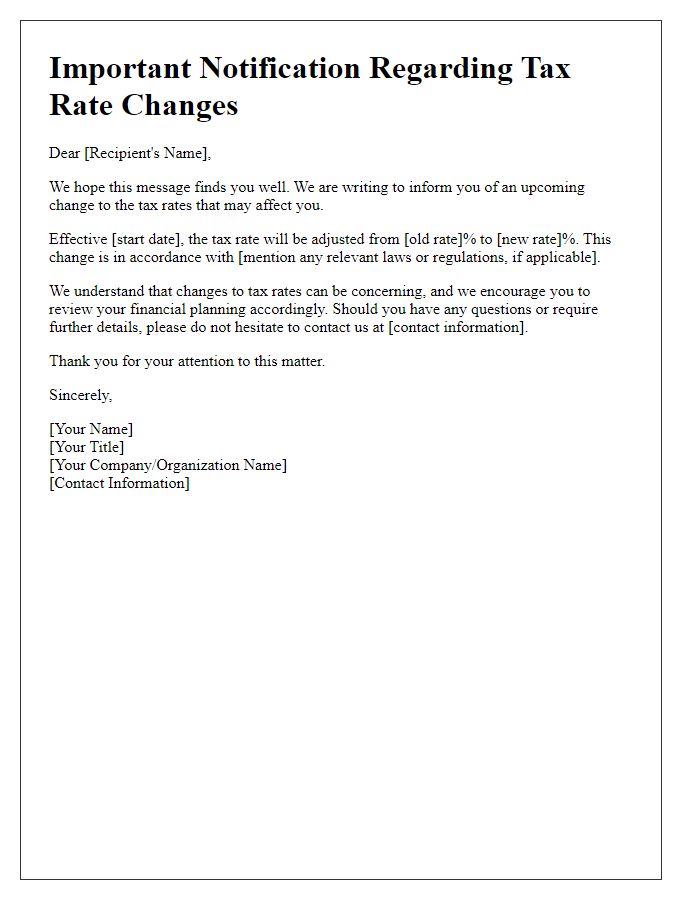 Letter template of notification regarding tax rate changes