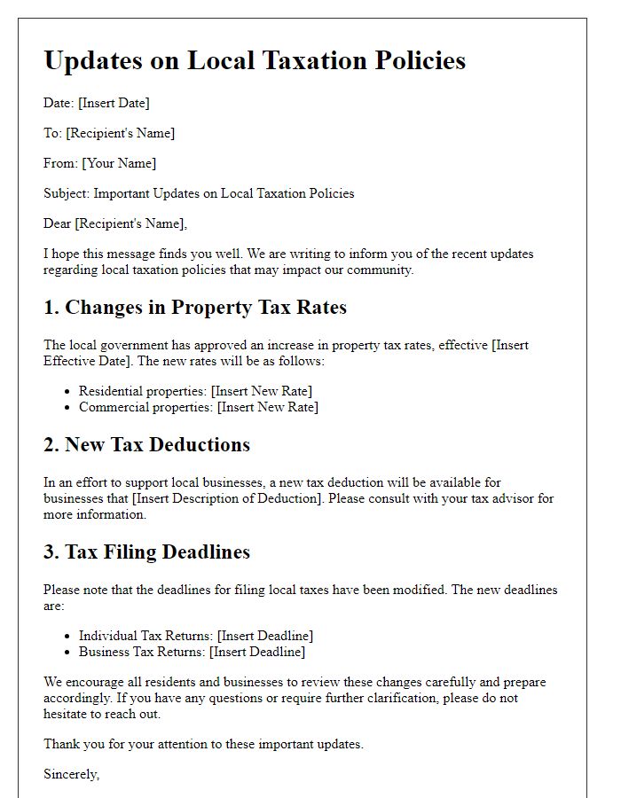 Letter template of updates on local taxation policies