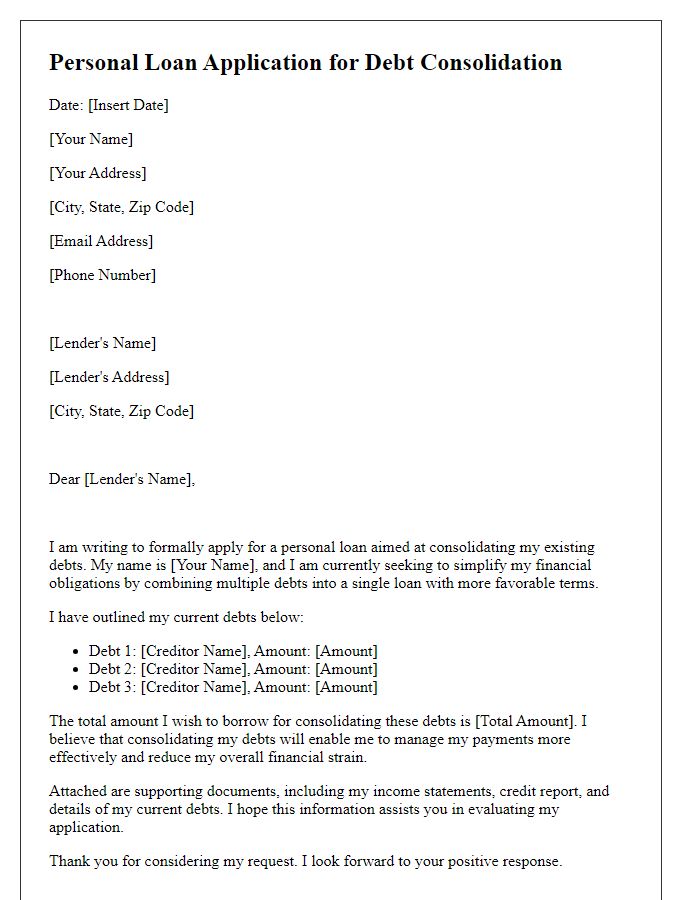 Letter template of personal loan application for debt consolidation.