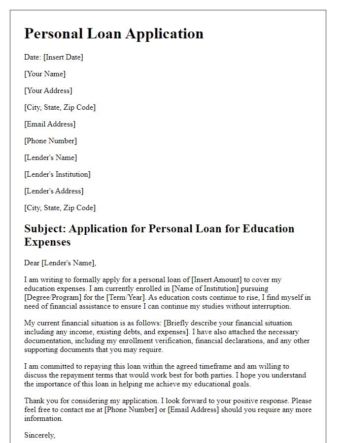 Letter template of personal loan application for education expenses.