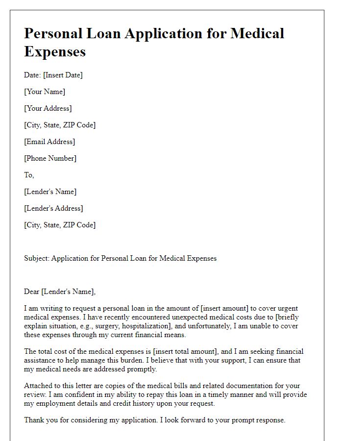 Letter template of personal loan application for medical expenses.