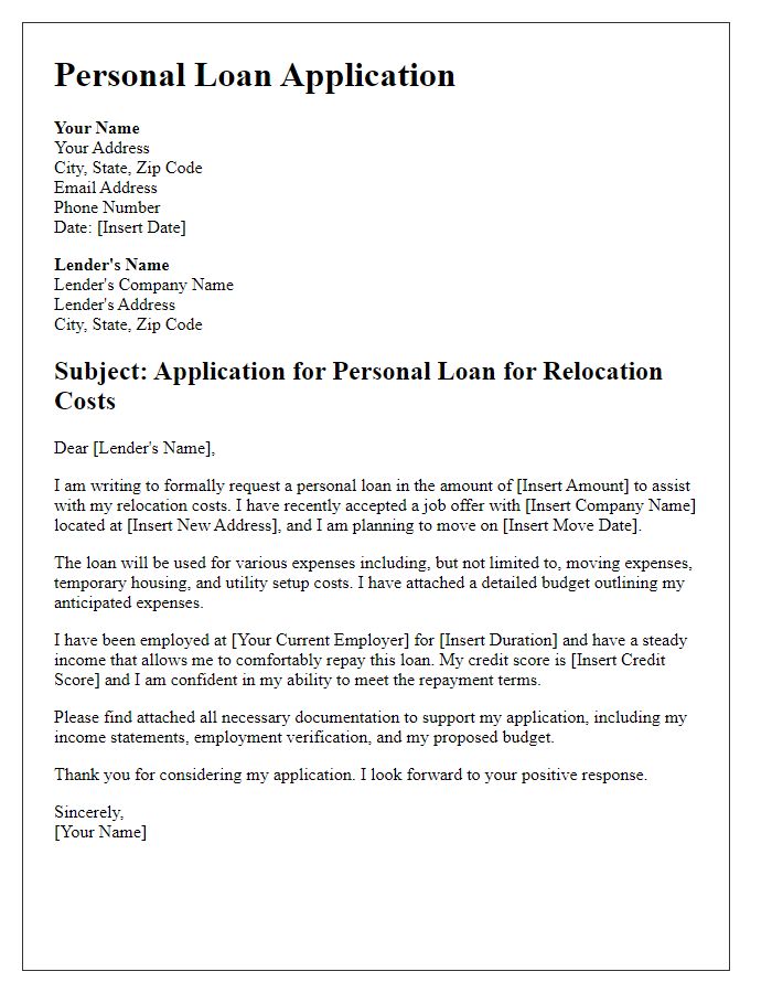 Letter template of personal loan application for relocation costs.