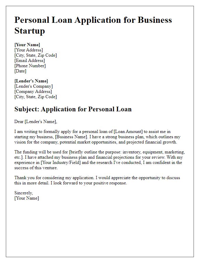 Letter template of personal loan application for starting a business.