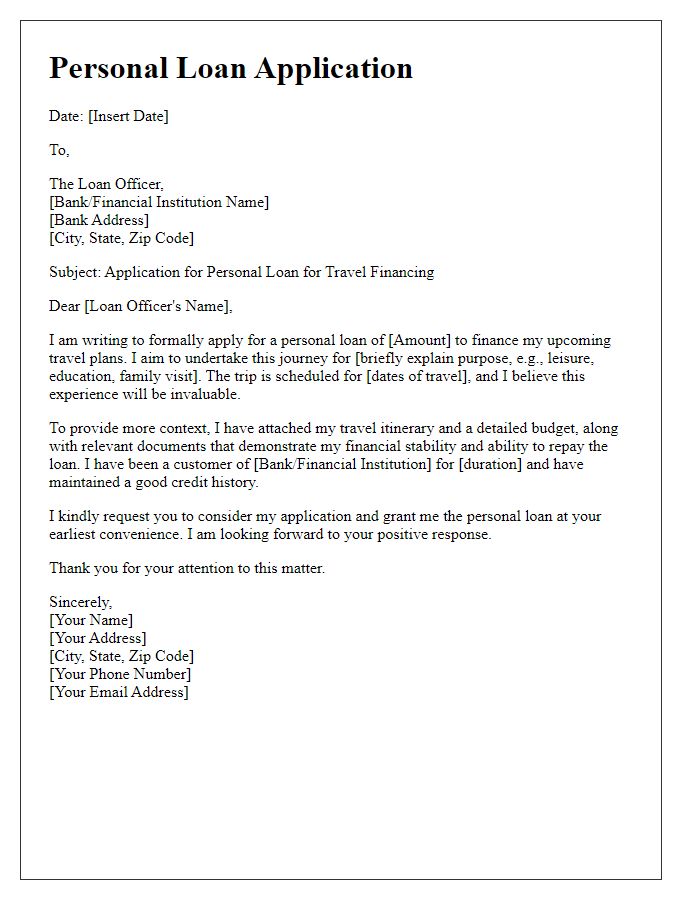 Letter template of personal loan application for travel financing.