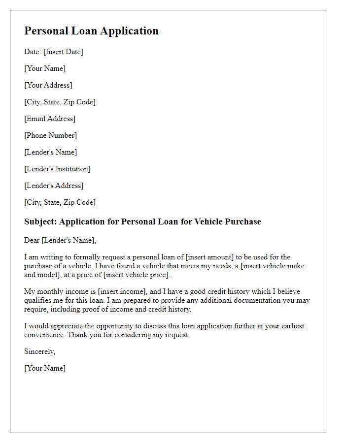 Letter template of personal loan application for vehicle purchase.