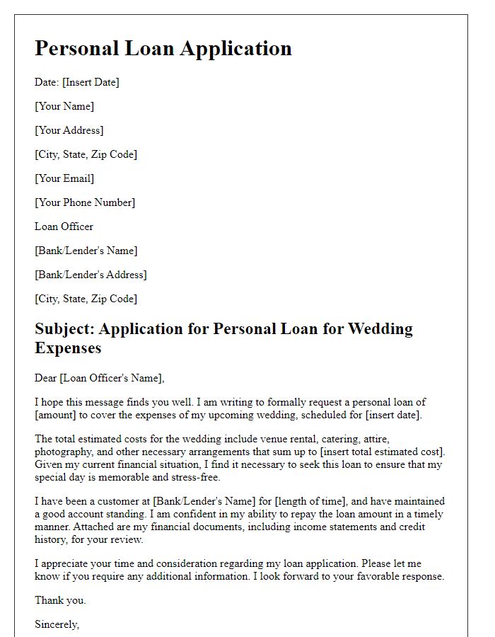 Letter template of personal loan application for wedding expenses.