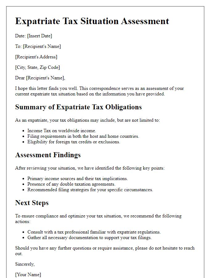 Letter template of expatriate tax situation assessment.