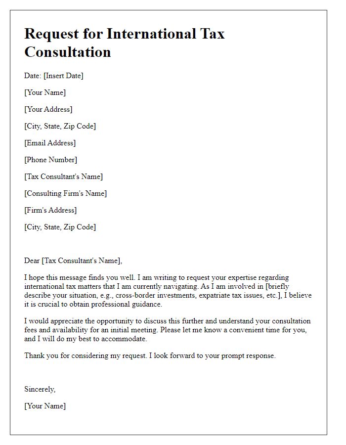 Letter template of international tax consultation request.