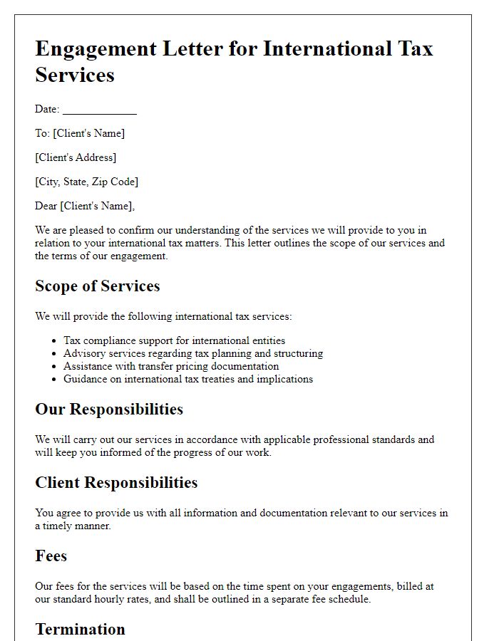 Letter template of international tax services engagement.