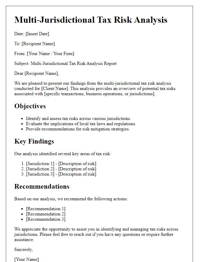 Letter template of multi-jurisdictional tax risk analysis.