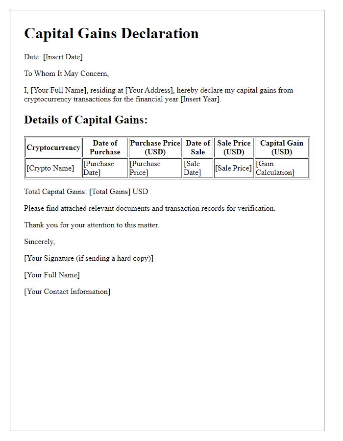 Letter template of cryptocurrency capital gains declaration