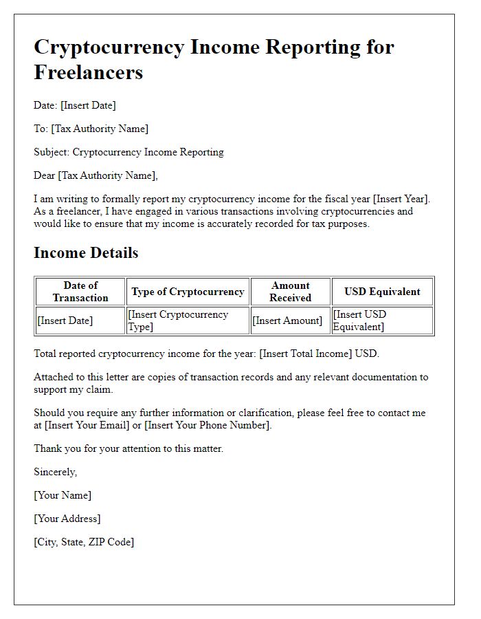 Letter template of cryptocurrency income reporting for freelancers