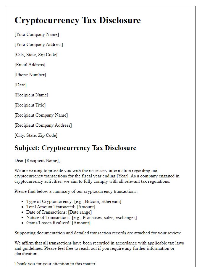 Letter template of cryptocurrency tax disclosure for businesses