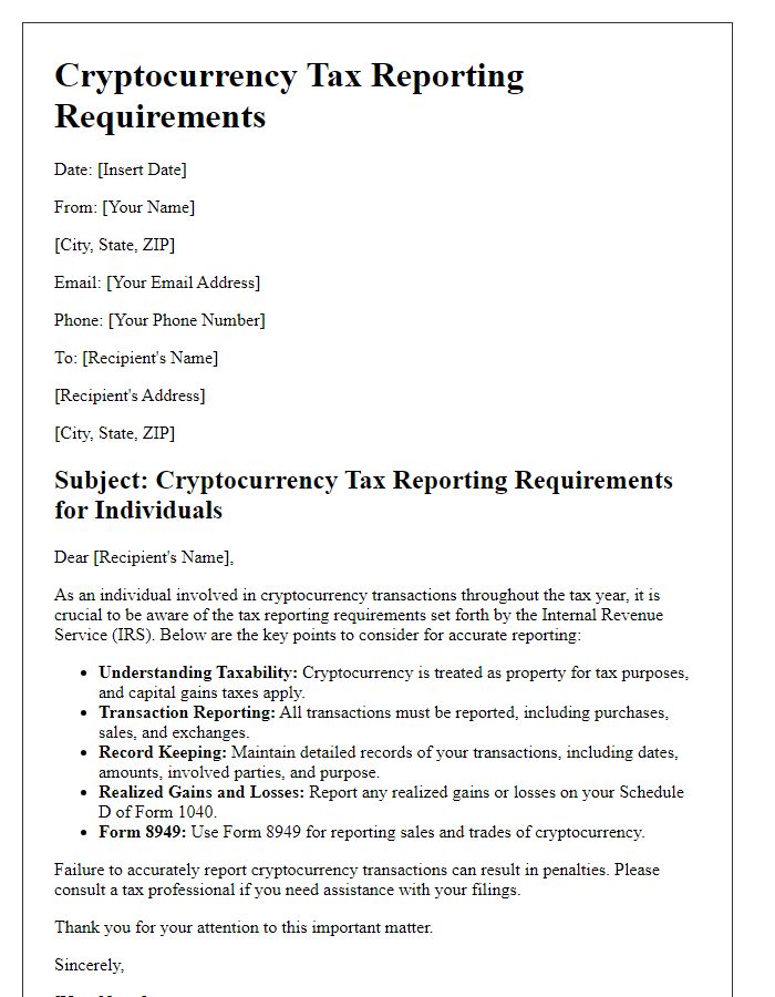 Letter template of cryptocurrency tax reporting requirements for individuals