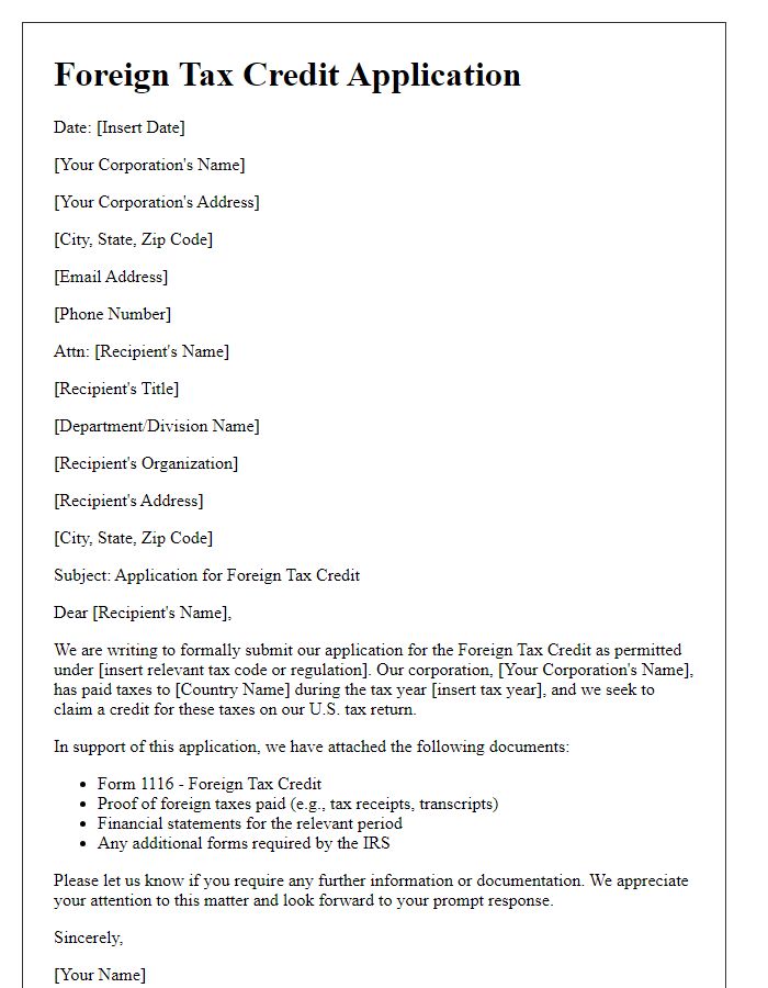 Letter template of Foreign Tax Credit Application for Corporations