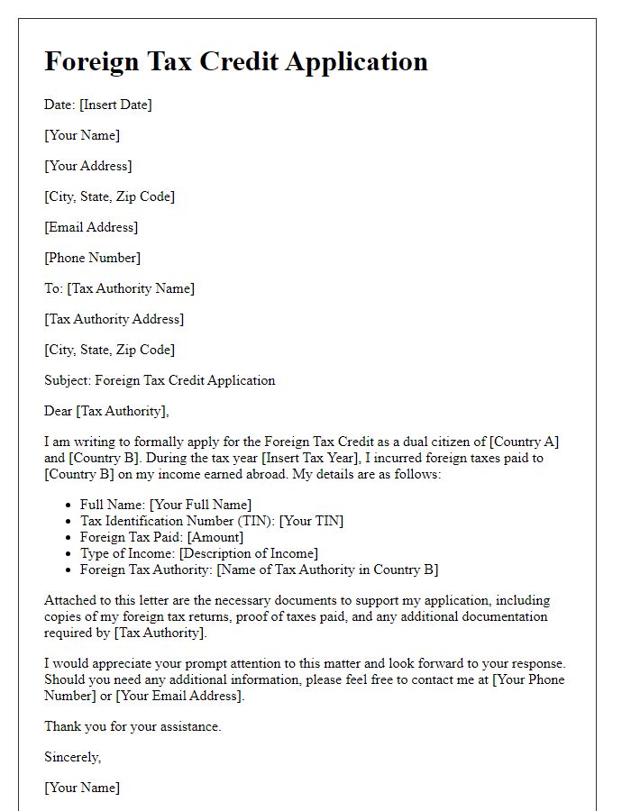 Letter template of Foreign Tax Credit Application for Dual Citizens