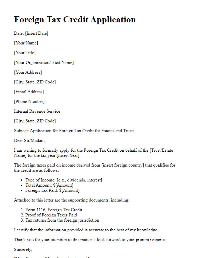 Letter template of Foreign Tax Credit Application for Estates and Trusts