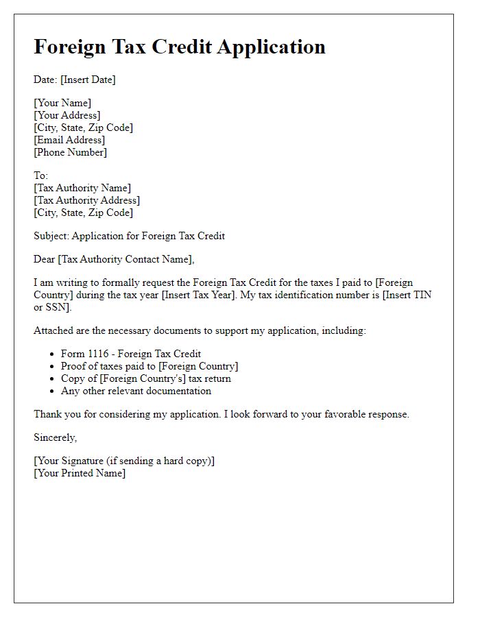 Letter template of Foreign Tax Credit Application for Individual Taxpayers