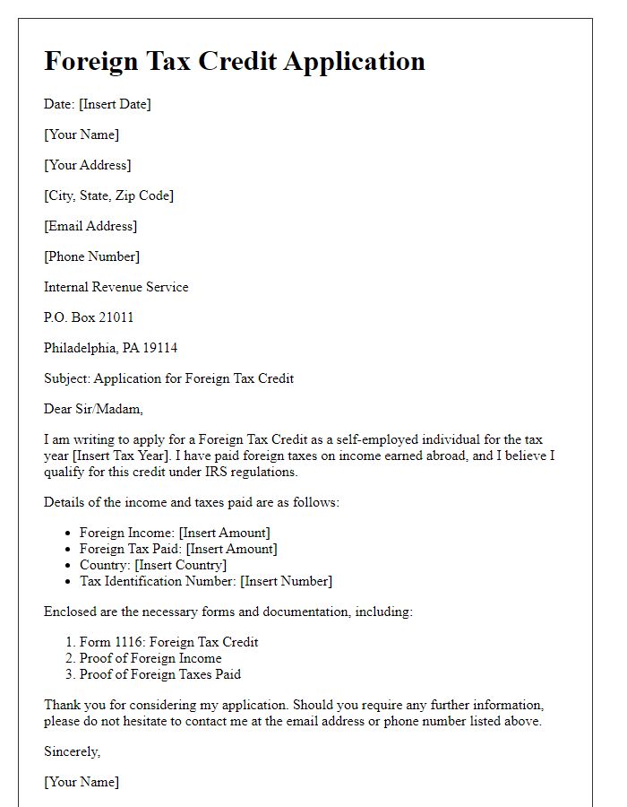 Letter template of Foreign Tax Credit Application for Self-Employed Individuals