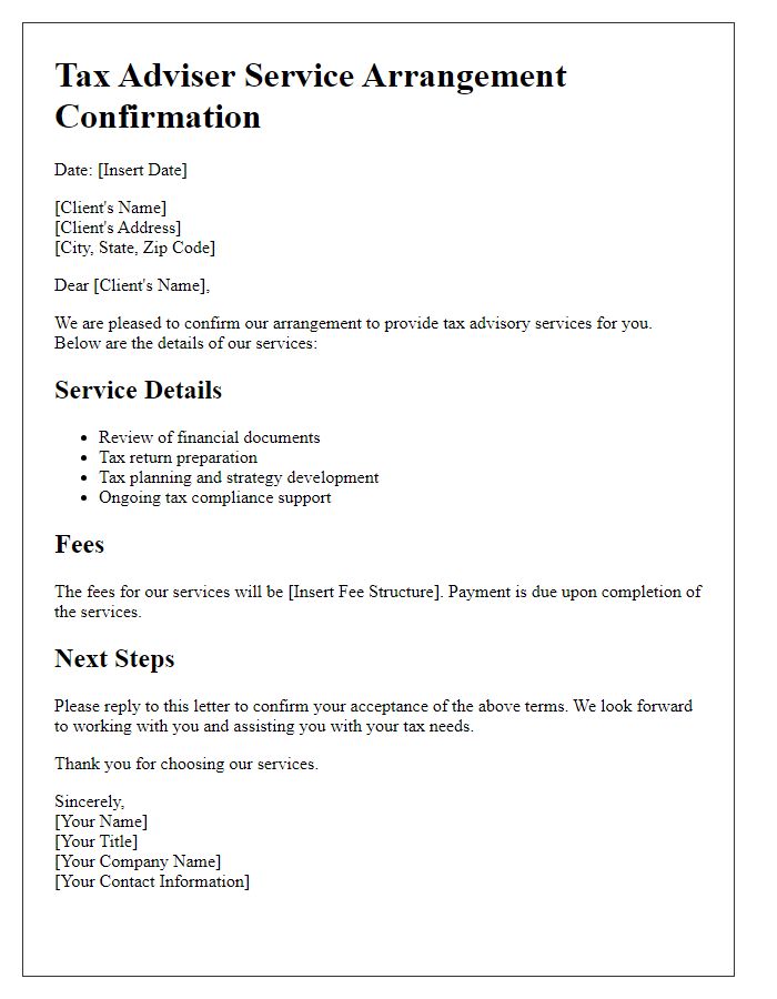 Letter template of tax adviser service arrangement confirmation