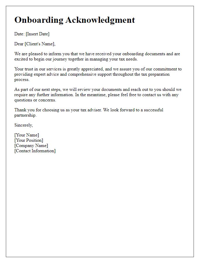 Letter template of tax adviser service onboarding acknowledgment