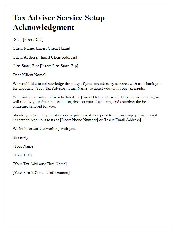 Letter template of tax adviser service setup acknowledgment